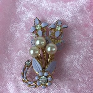Vintage Purple Flower Pin Brooch Pearl Rhinestone